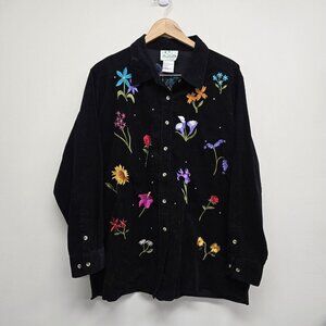 VTG Quacker Factory Black Embroidered Floral Button Up Thin Corduroy Shirt Sz 1X